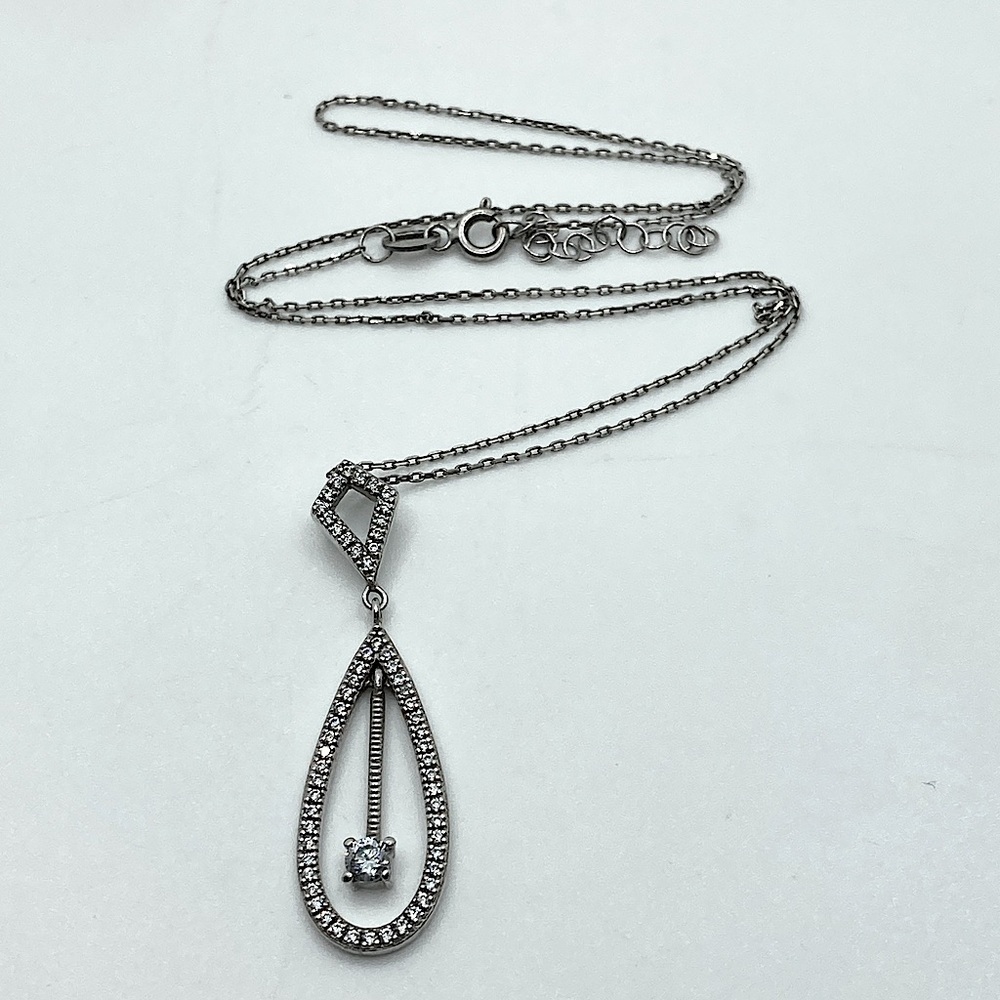 VTG Sterling Silver & White CZ Tear Drop Pear & Diamond Shape Pendant 18” & 1.1”